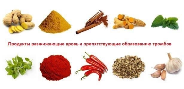 Очень полезны при тромбах кайенский перец, чеснок, корень имбиря, корица, мята.