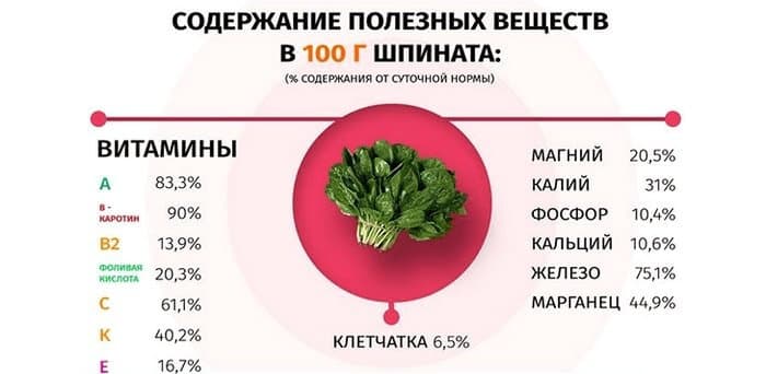 Витамины и минералы, входящие в состав шпината.